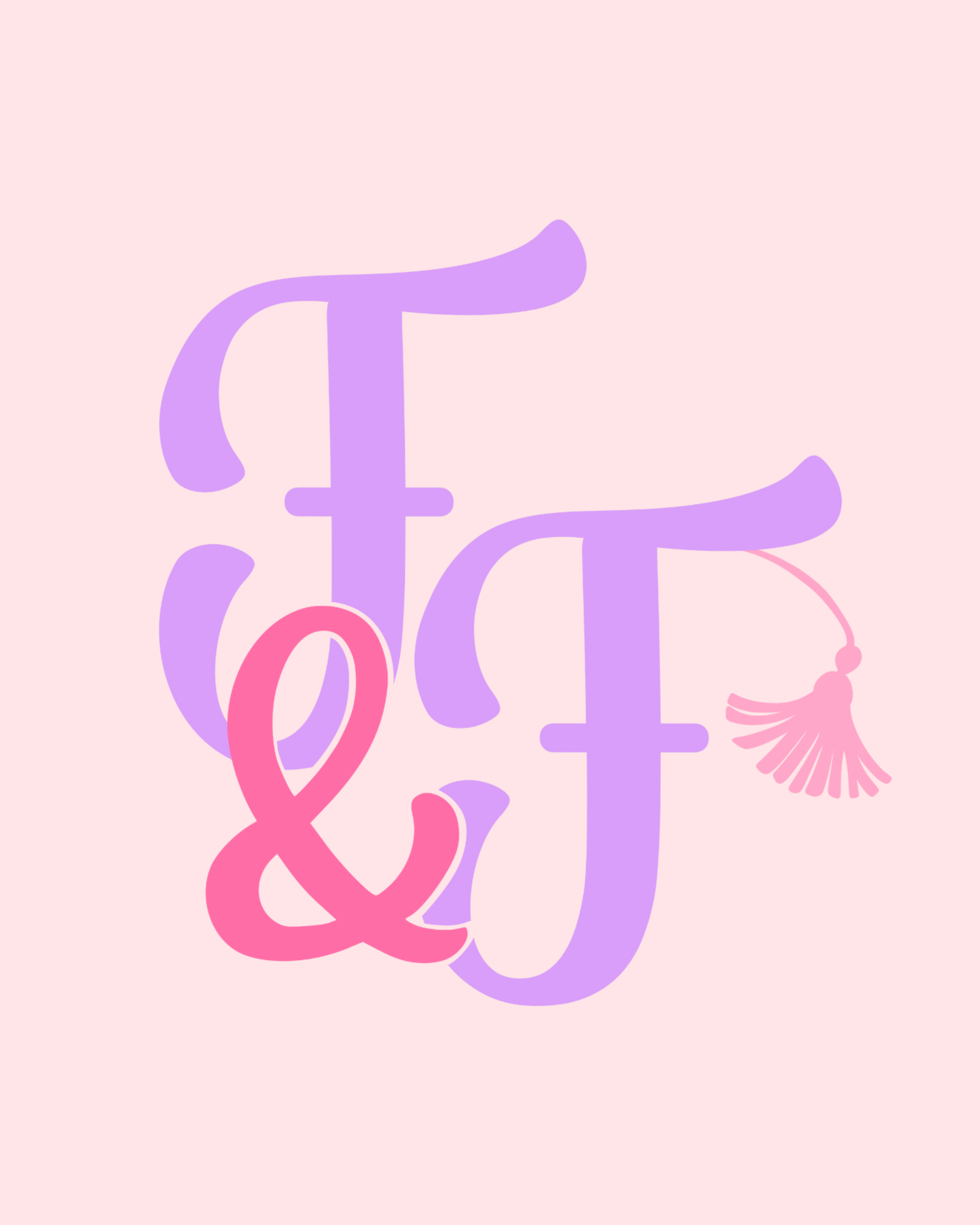 Decorative pink background with stylized purple and pink lettering 'F' and '&' with a tassel attached to the letter 'F'.