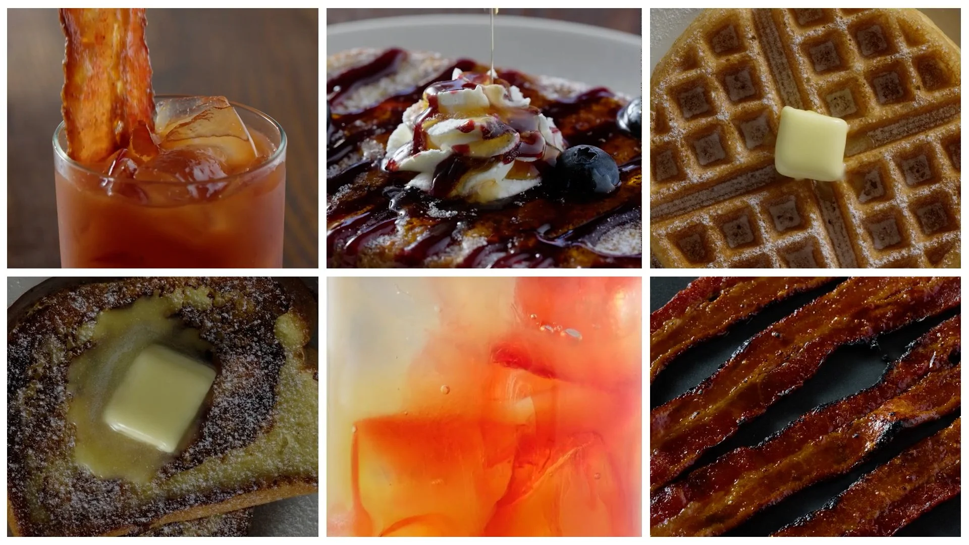 Six images of sweet and savory breakfast foods and beverages. Top row: iced tea with a strip of bacon, waffles with whipped cream and syrup, waffle with a pat of butter. Bottom row: cinnamon roll with cream cheese frosting, abstract shot of orange ju