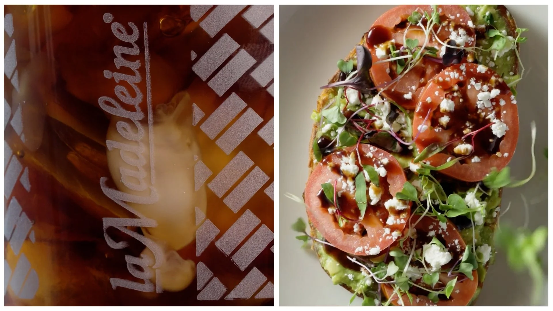 Left side: a plastic container with a sandwich bun and mayonnaise. Right side: an avocado toast topped with sliced tomatoes, microgreens, crumbled cheese, balsamic glaze, and herbs.