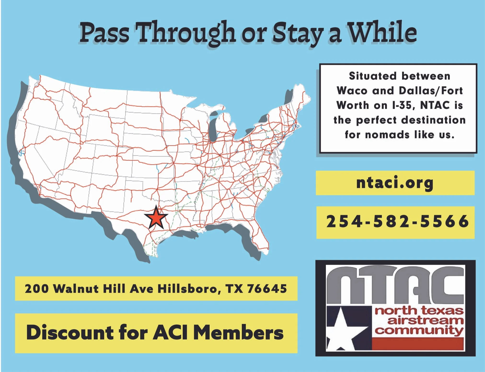 Map of the United States highlighting a location in Hillsboro, Texas, with details about NTAC, a North Texas Airstream community, including its address at 200 Walnut Hill Ave, Hillsboro, TX 76645, and a phone number 254-582-5566. The image includes t