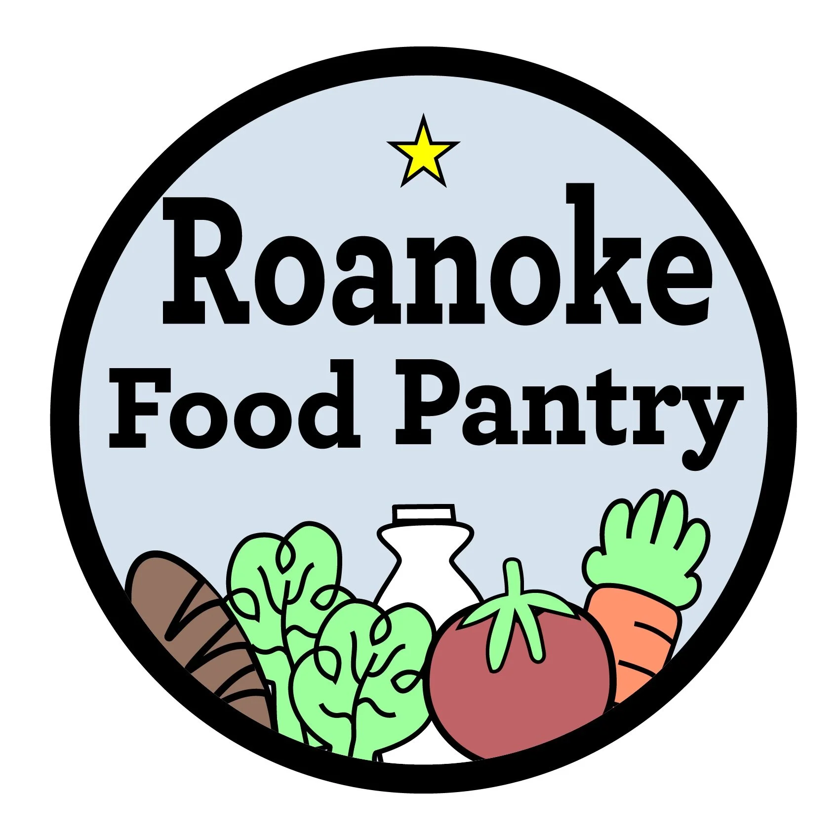 Logo for Roanoke Food Pantry with illustrations of a carrot, lettuce, tomato, and a carrot, and a small jar or container at the top.