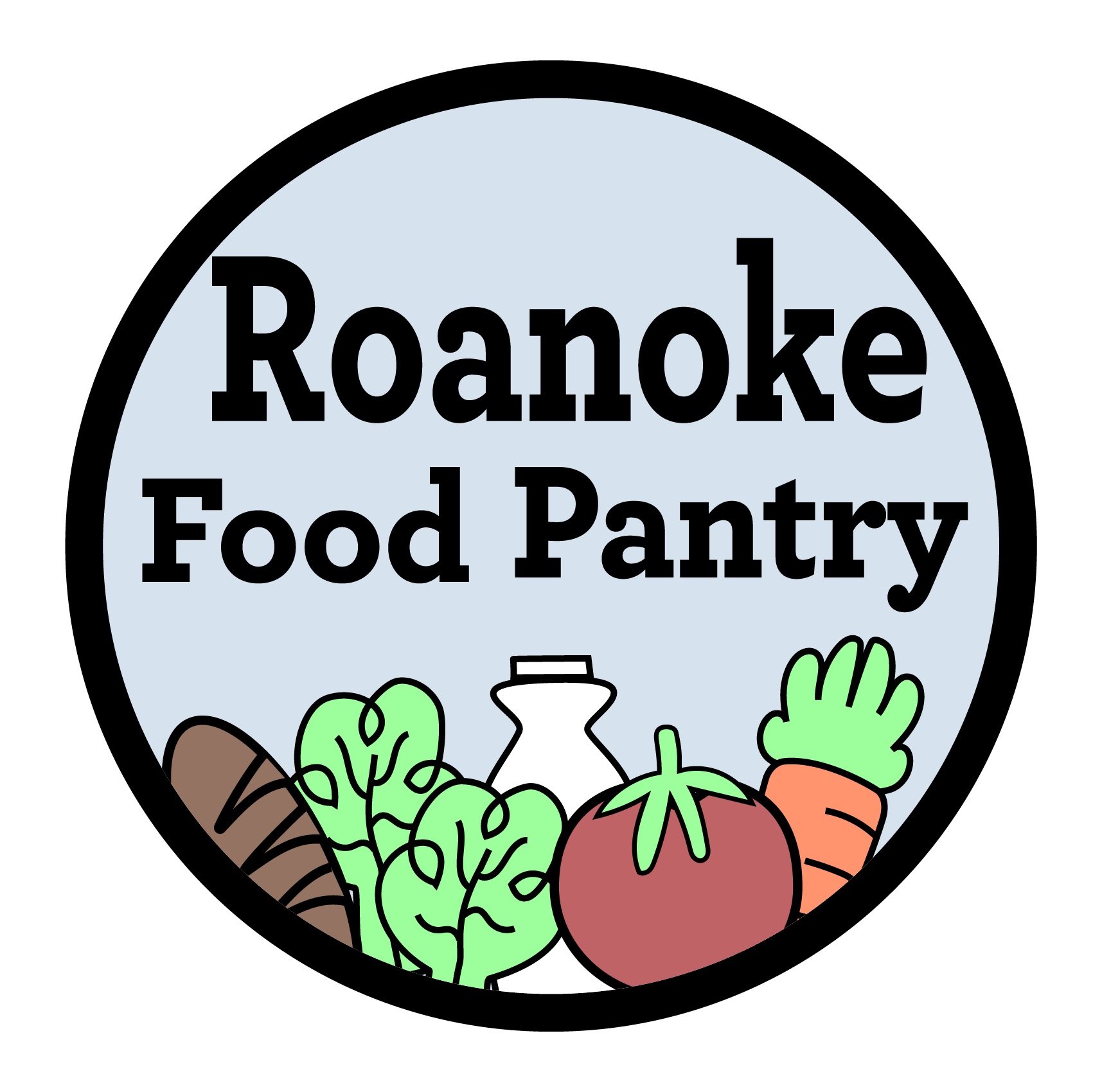 Logo for Roanoke Food Pantry with illustrations of vegetables and a bottle.