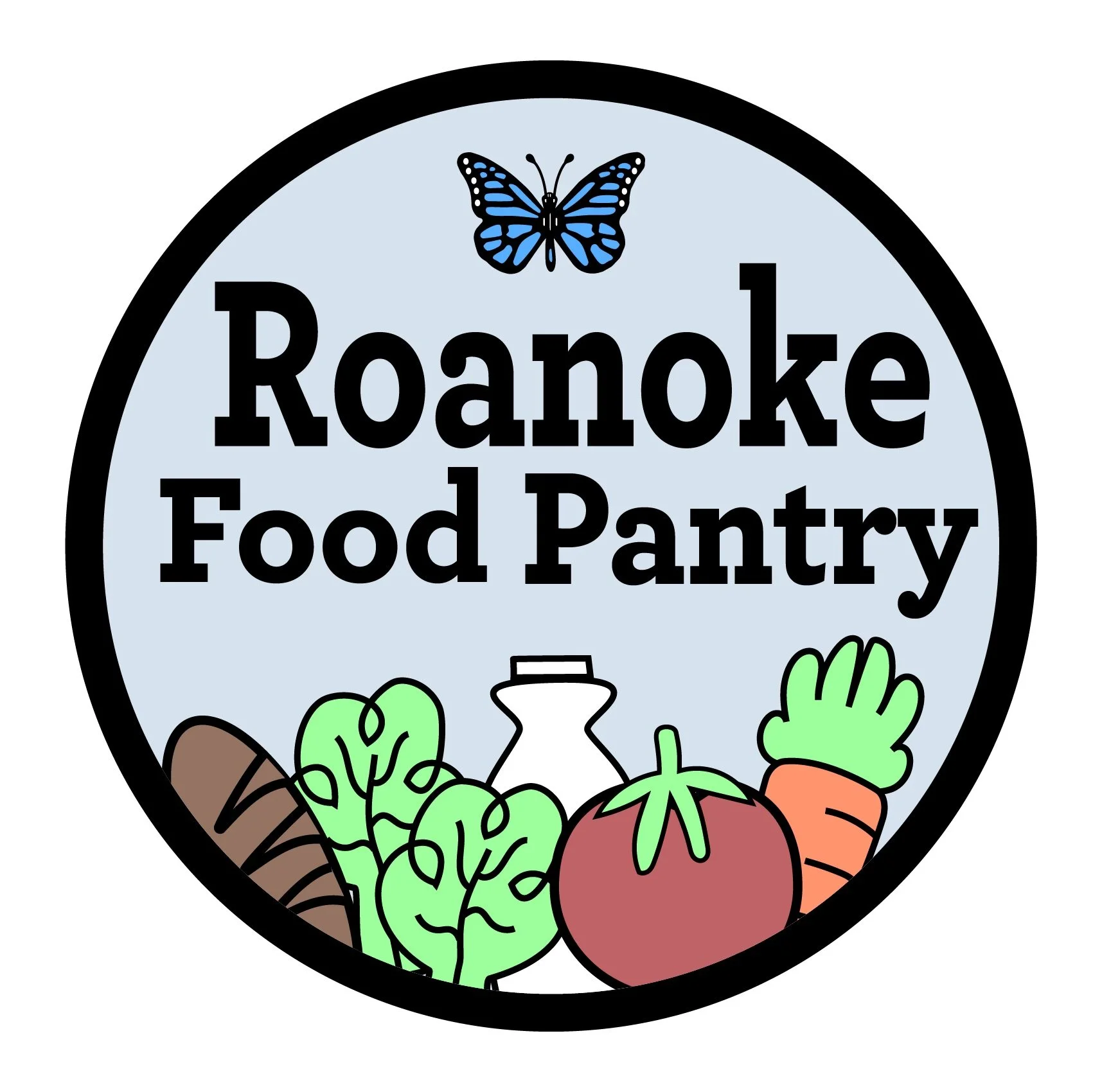A circular logo for Roanoke Food Pantry featuring a blue butterfly at the top, with images of a carrot, leafy greens, a tomato, and an orange carrot at the bottom, and the name 'Roanoke Food Pantry' in bold black letters in the center.