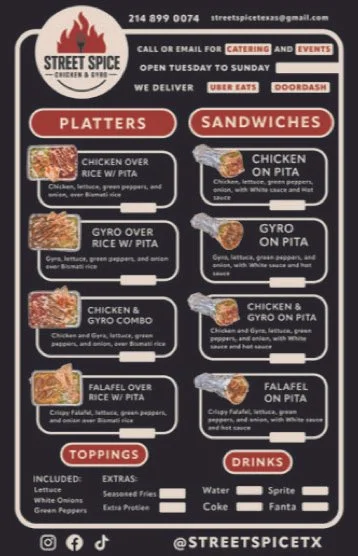 Menu showing Street Spice Chef and Deli with contact information, open hours, and delivery options. Sections for platters, sandwiches, toppings, extras, and drinks. Items include chicken and gyro options with rice, pita, or on a salad, and various to