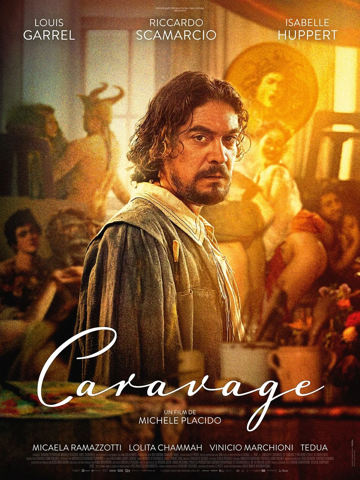 Affiche du film 'Caravage' avec un homme au centre, des personnages en arrière fond, et le titre écrit en cursive.