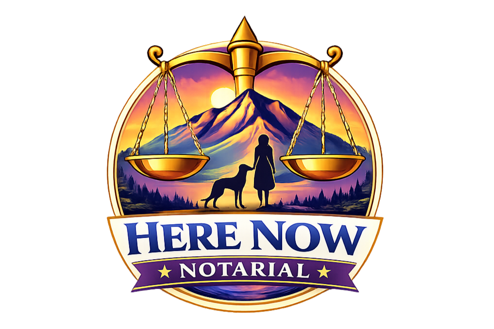 Logo for Here Now Notarial featuring a mountain landscape with a sunset, a person holding a dog's leash, and a large scale, with the text "Here Now Notarial" at the bottom.