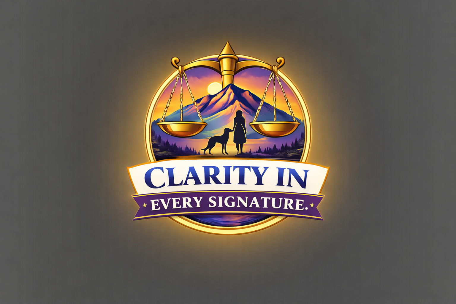 A logo featuring a mountain in the background with a sunset or sunrise, a woman and a dog in the foreground, and a golden balanced scale above them. Below, a banner reads 'Clarity in Every Signature', with a purple ribbon and gold accents.