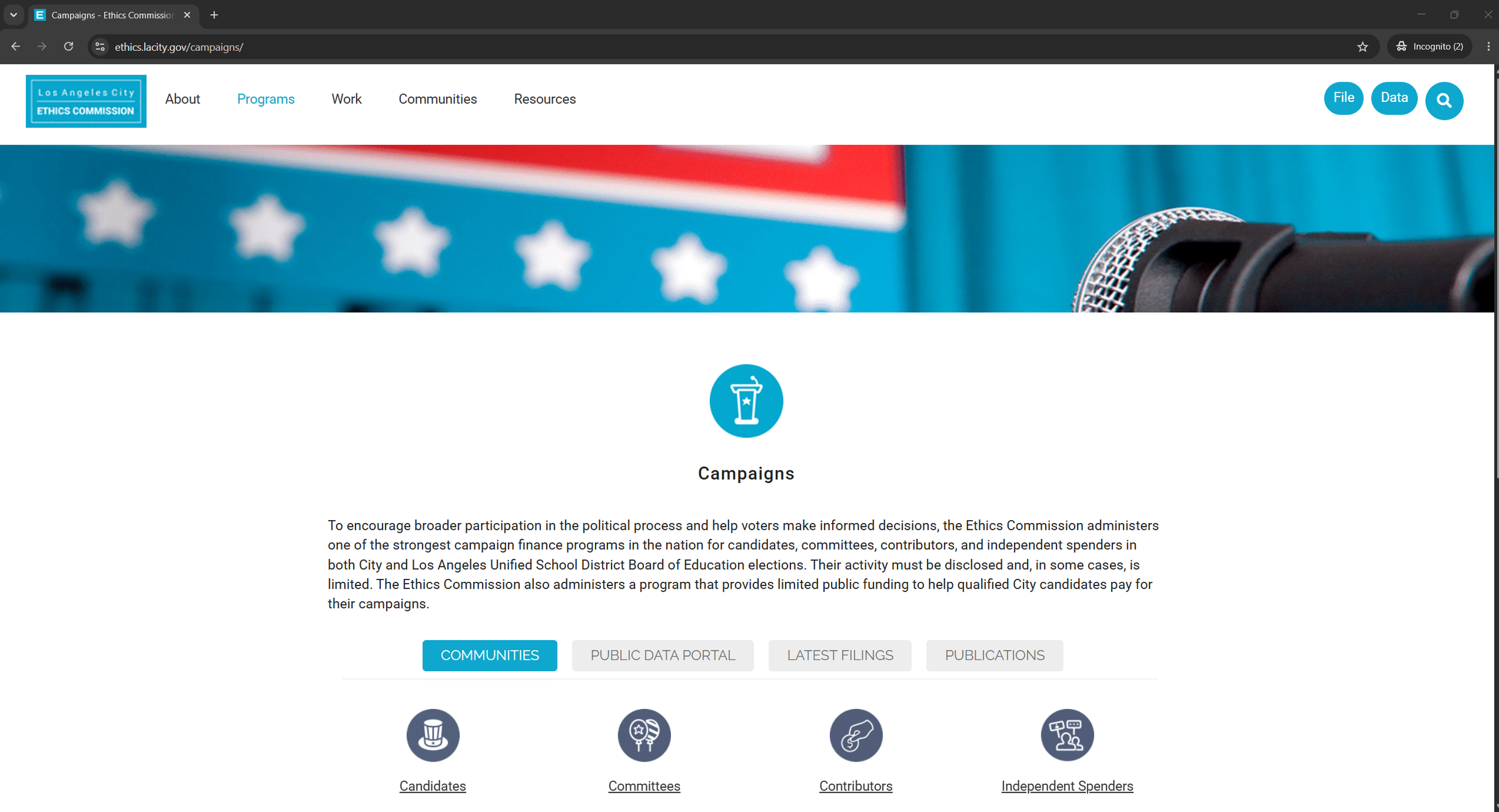 8-12-2026 Los Angeles City ethics commission campaigns responsibilities website screenshot