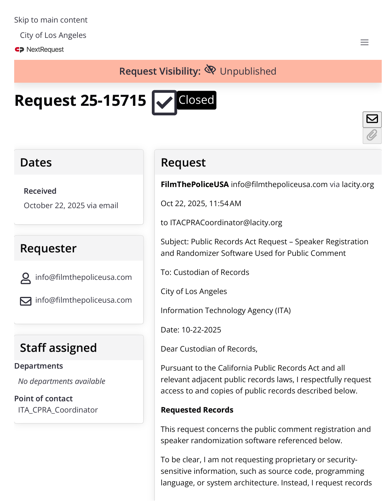 Screenshot of public records request submitted on October 22, 2025 to the Los Angeles Information Technology Agency asking for proof of the public comment registration software.