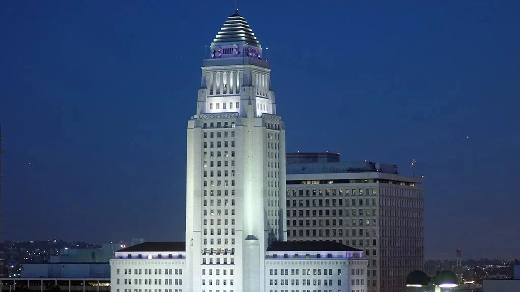 Nighttime photo of Los Angeles City Hall from the year 2013