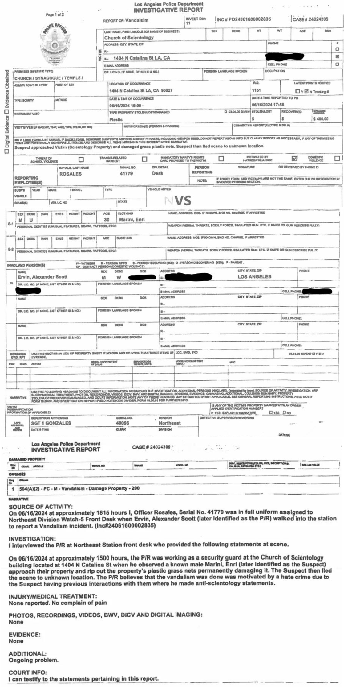 Police report filed by Scientologist Alexander Scott Ervin on June 16, 2025 at LAPD Northeast Division.