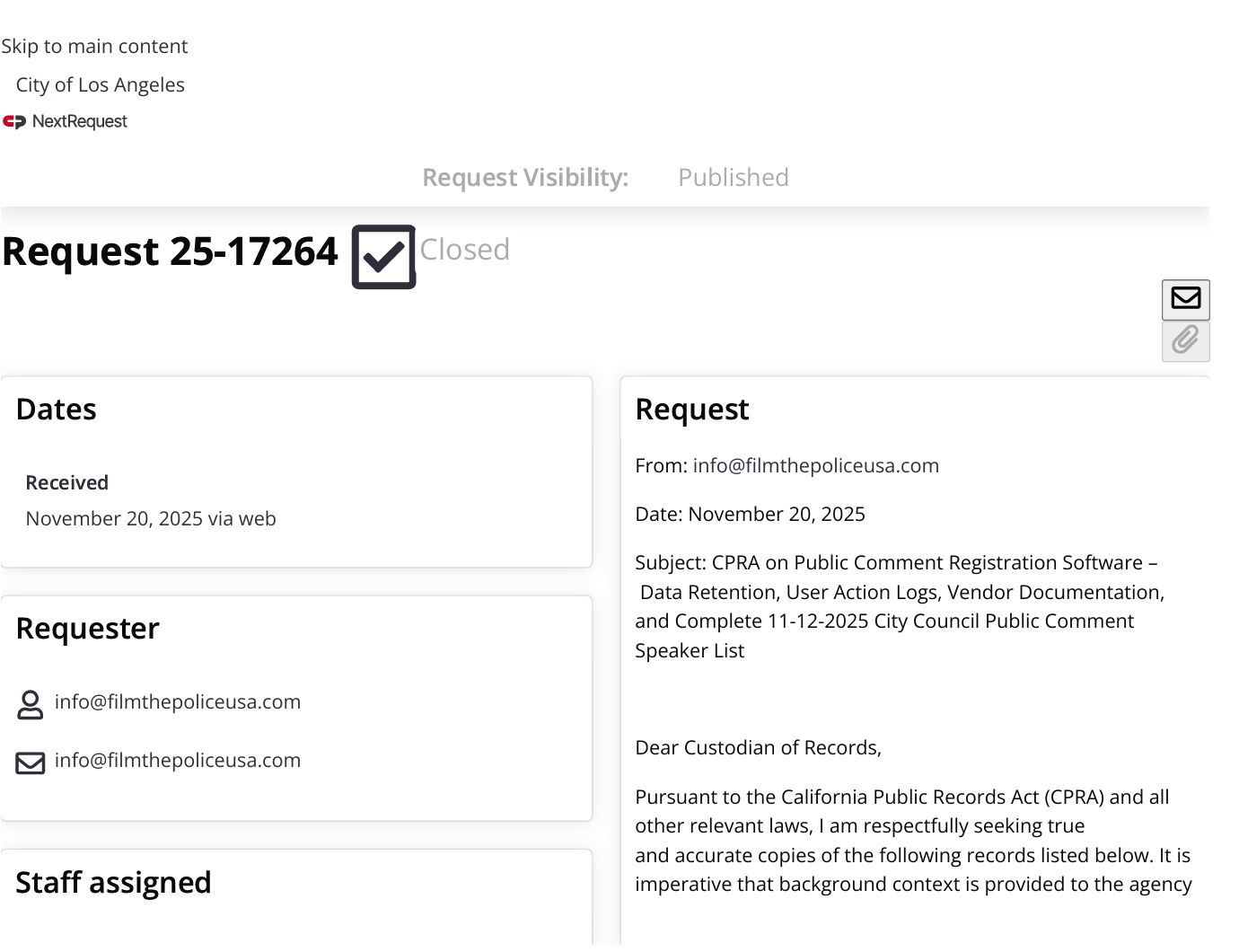 Screenshot of public records request to Los Angeles City Clerk submitted on November 20, 2025 seeking data retention policy for public comment software system records.