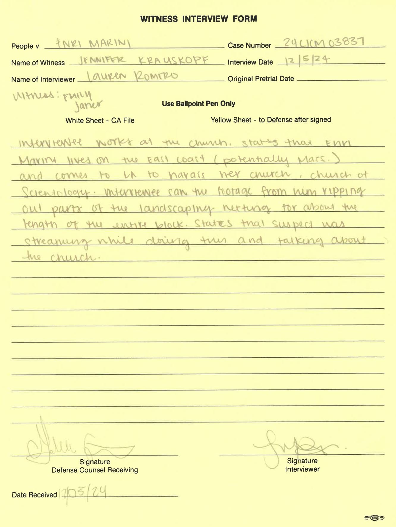 Scientologist Jennifer Krauskopf witness statement December 5, 2024