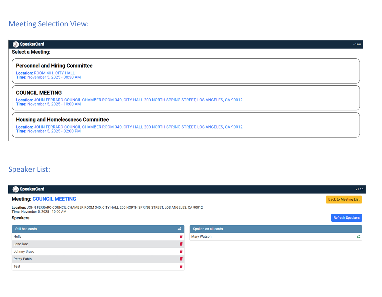 Screenshot of the Los Angeles City Council speaker registration queue software system.