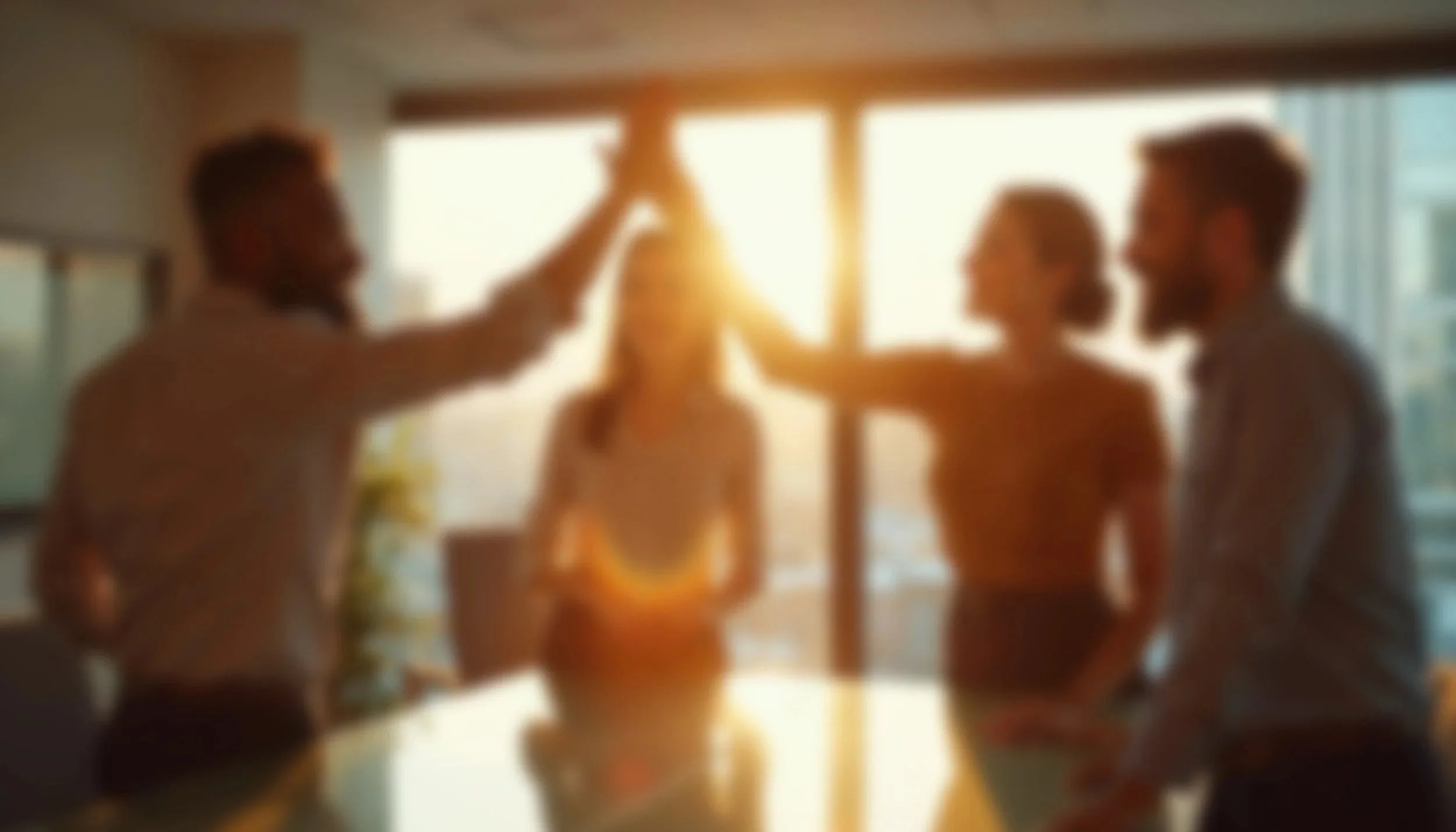 Blurred image of four people in a modern office with large windows and sunlight, gesturing and talking to each other.