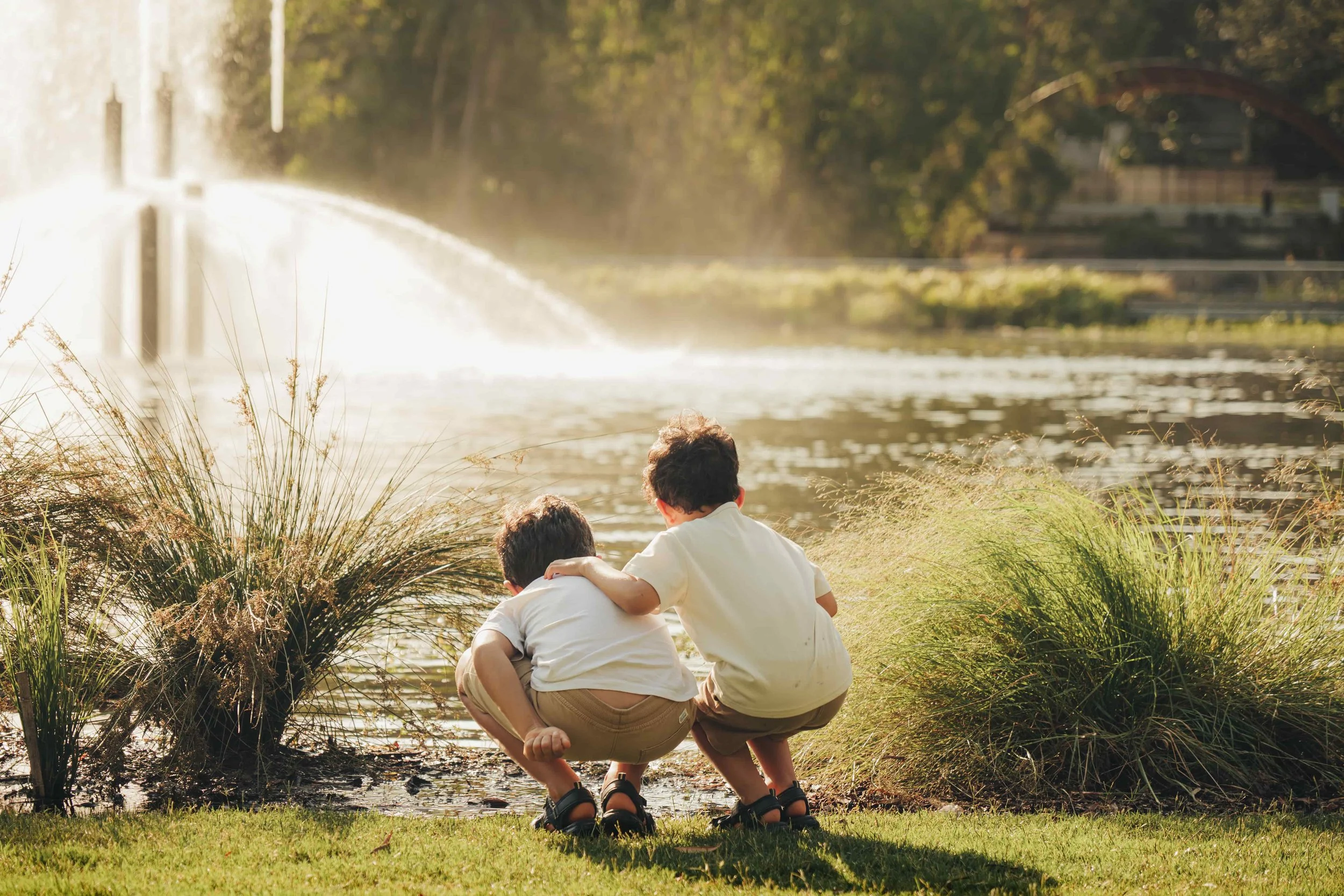 Two brothers, from the back watching a lac. One of them has his hand on his brother's shoulder. Background has a fontaine surrounded by trees.