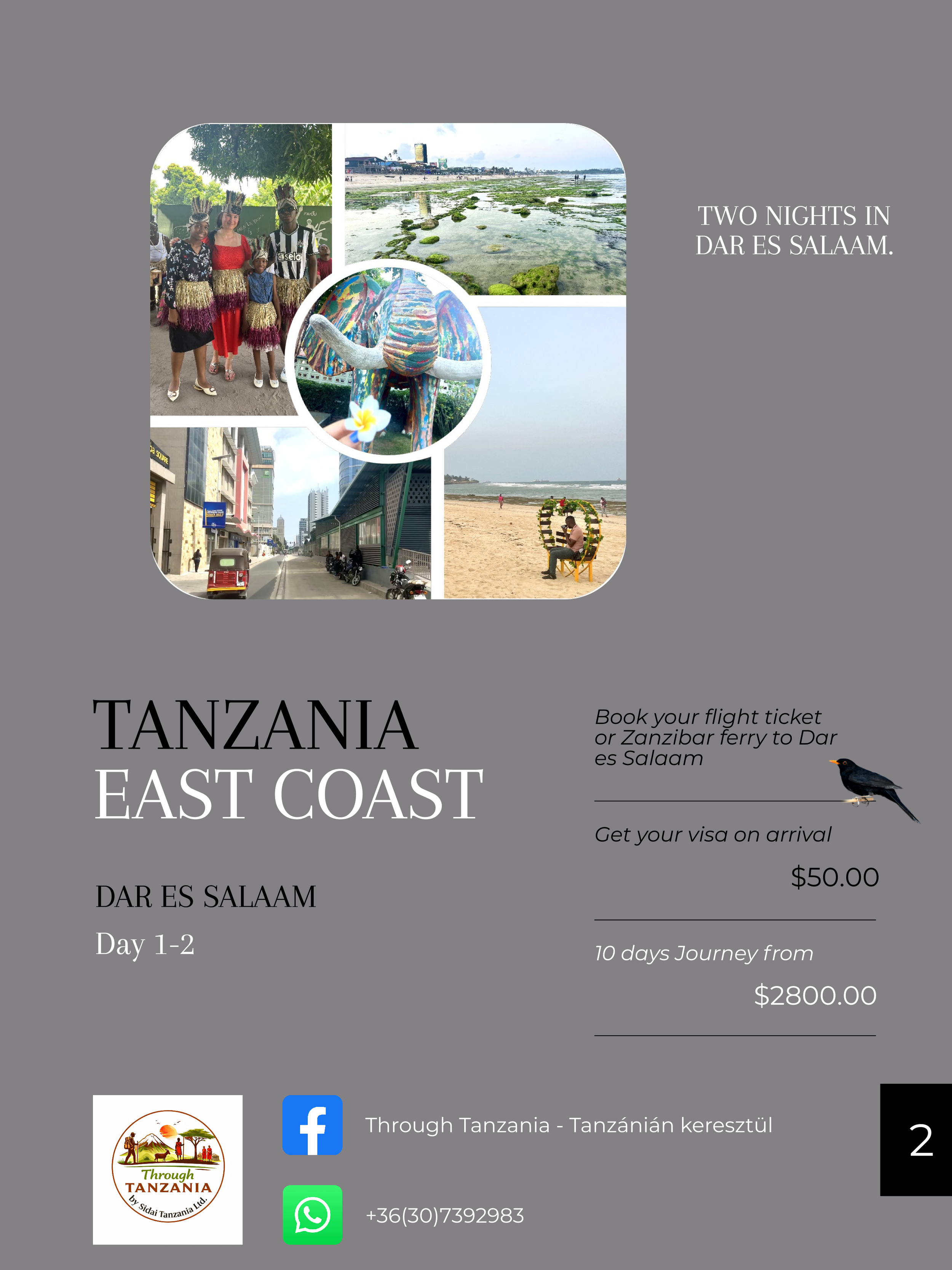 Day 1: We start our journey in Dar es Salaam where we visit St. Joseph Cathedral, the Makumbusho village, the National Museum and the Botanical Garden, the Mwenge Woodcarvers Market, we go for a big walk in Masaki and the Coco Beach.