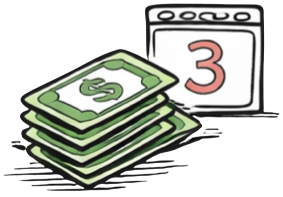 Illustration of a stack of dollar bills next to a calendar displaying the number three.