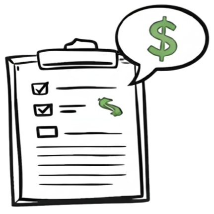 Checklist on clipboard with dollar symbols and a speech bubble with a dollar sign.
