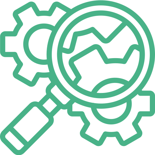 Green outline icon of a magnifying glass examining a line graph with gears in the background, representing data analysis or business insight.