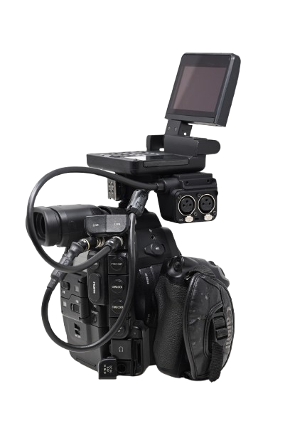Professional video camera with attached monitor and accessories.