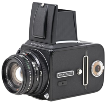 A vintage twin-lens reflex camera with focusing knob and viewfinder.