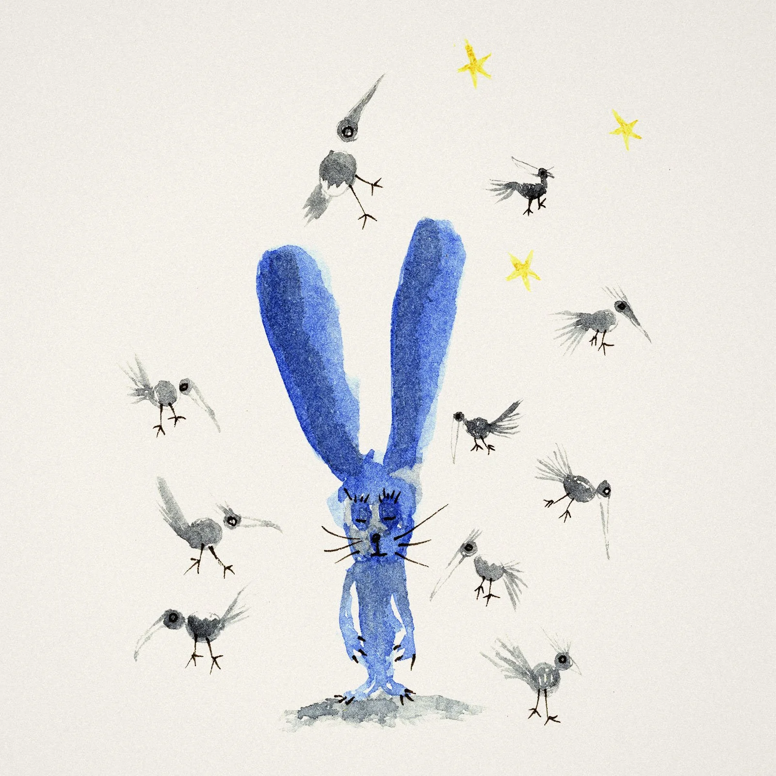 Une illustration d'un lapin bleu avec de grandes oreilles, entouré d'oiseaux gris volant. La scène est colorée à l'aquarelle et présente un fond blanc.