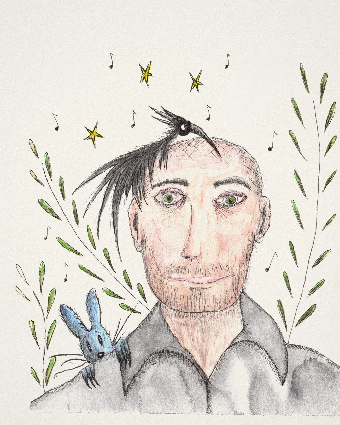 Portrait d'un homme avec des éléments artistiques : un oiseau noir, un lapin, des étoiles, des feuilles vertes, et des notes de musique, tout en style dessin.