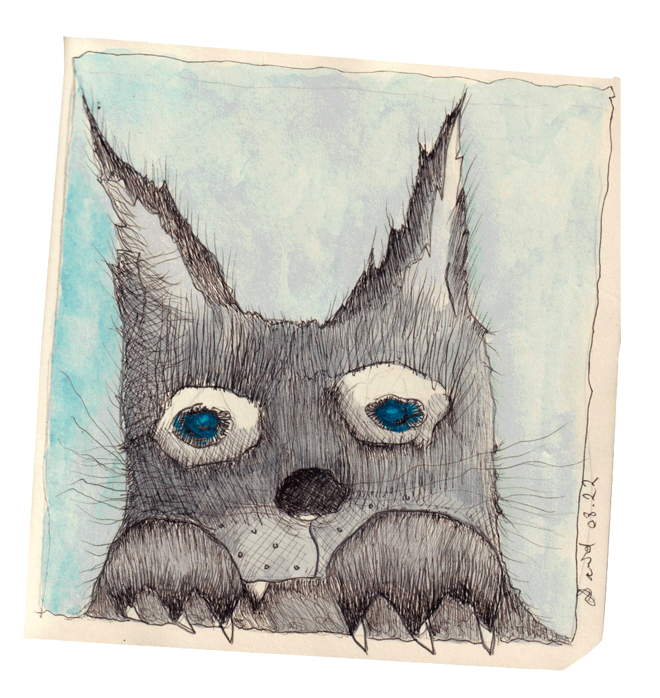 Dessins d'un chat avec des yeux bleus captivants et des détails en traits noirs sur un fond aquarelle
