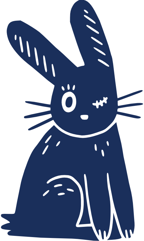 Illustration d'un lapin stylisé de couleur bleue, avec une oreille levée et une oreille pliée, un œil ouvert et l'autre fermé, et des lignes de poils.