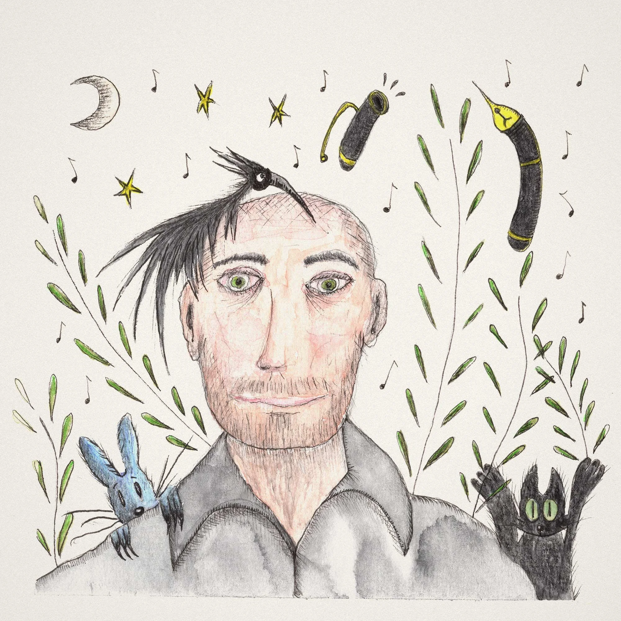 Portrait d'un homme avec des éléments artistiques : un oiseau noir, un lapin, des étoiles, des feuilles vertes, et des notes de musique, tout en style dessin.