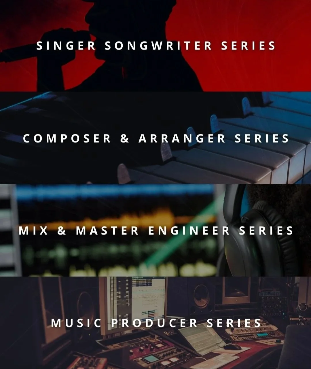 Collage of four images with overlaying text: a silhouette of a singer with a microphone, a close-up of a piano keyboard, a person wearing headphones in a studio, and a music production console, each representing different music production series.