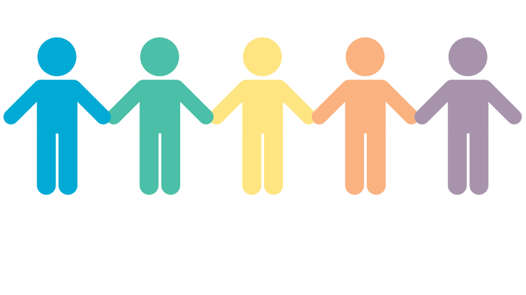 Illustration of five connected, colorful, stylized human figures holding hands, each in a different color: blue, teal, yellow, orange, and purple
