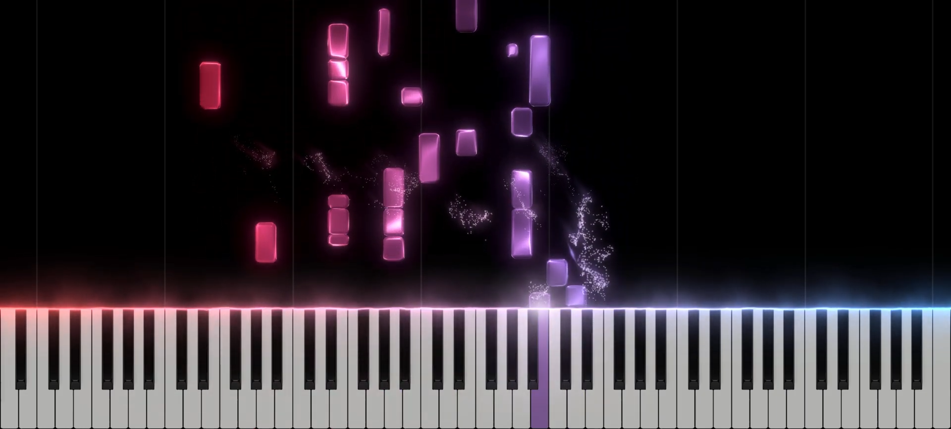 A digital piano with a glowing, animated projection of colorful, floating piano keys above it, set against a black background.