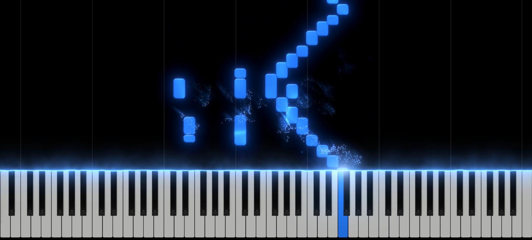Digital piano with glowing blue sheet music and notes, showing a musical keyboard with a highlighted key.
