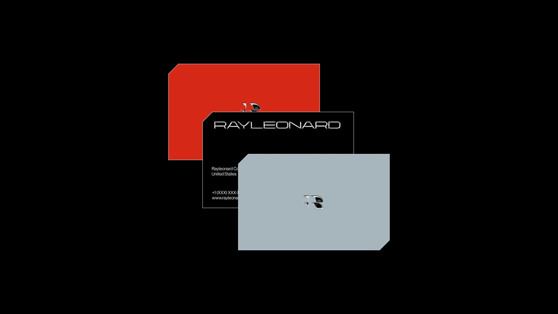 Three business cards for Rayleonard with black, red, and gray backgrounds, layered on black background.