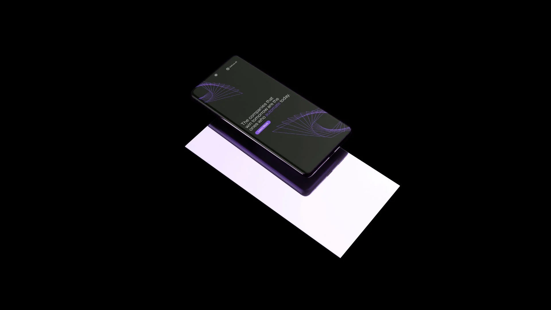 A smartphone with a purple interface displaying text and a purple geometric design, placed on top of a purple device, on a white surface against a black background.