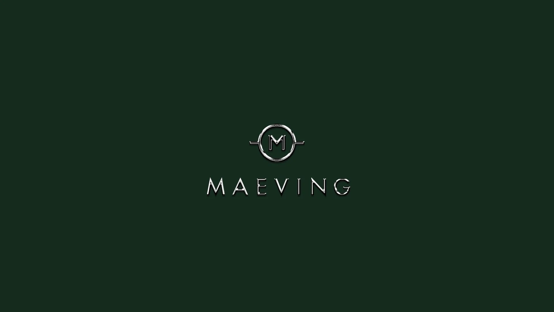 Dark green background with a central logo consisting of a circle with a line through it and an 'M' inside, and the word 'MAEVING' below it in silver lettering.