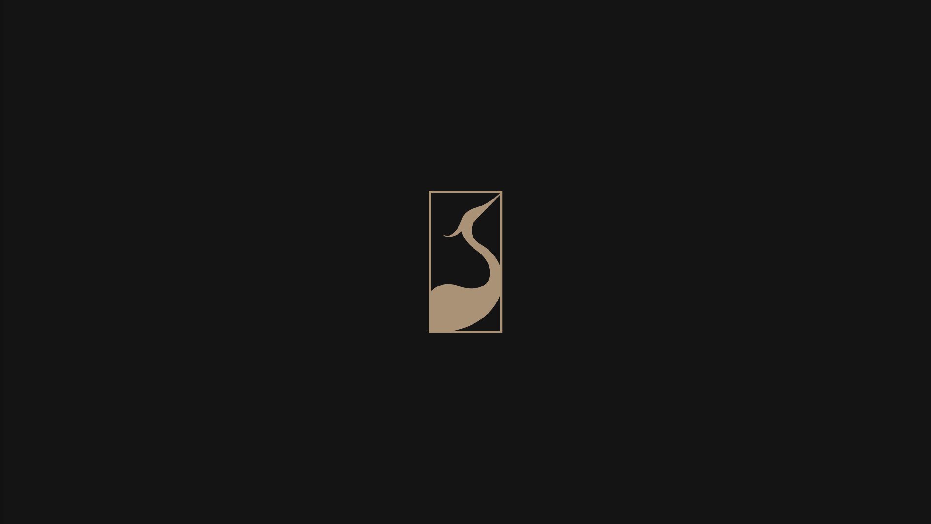Black background with a small beige rectangle in the center containing a minimalist stylized depiction of a heron.