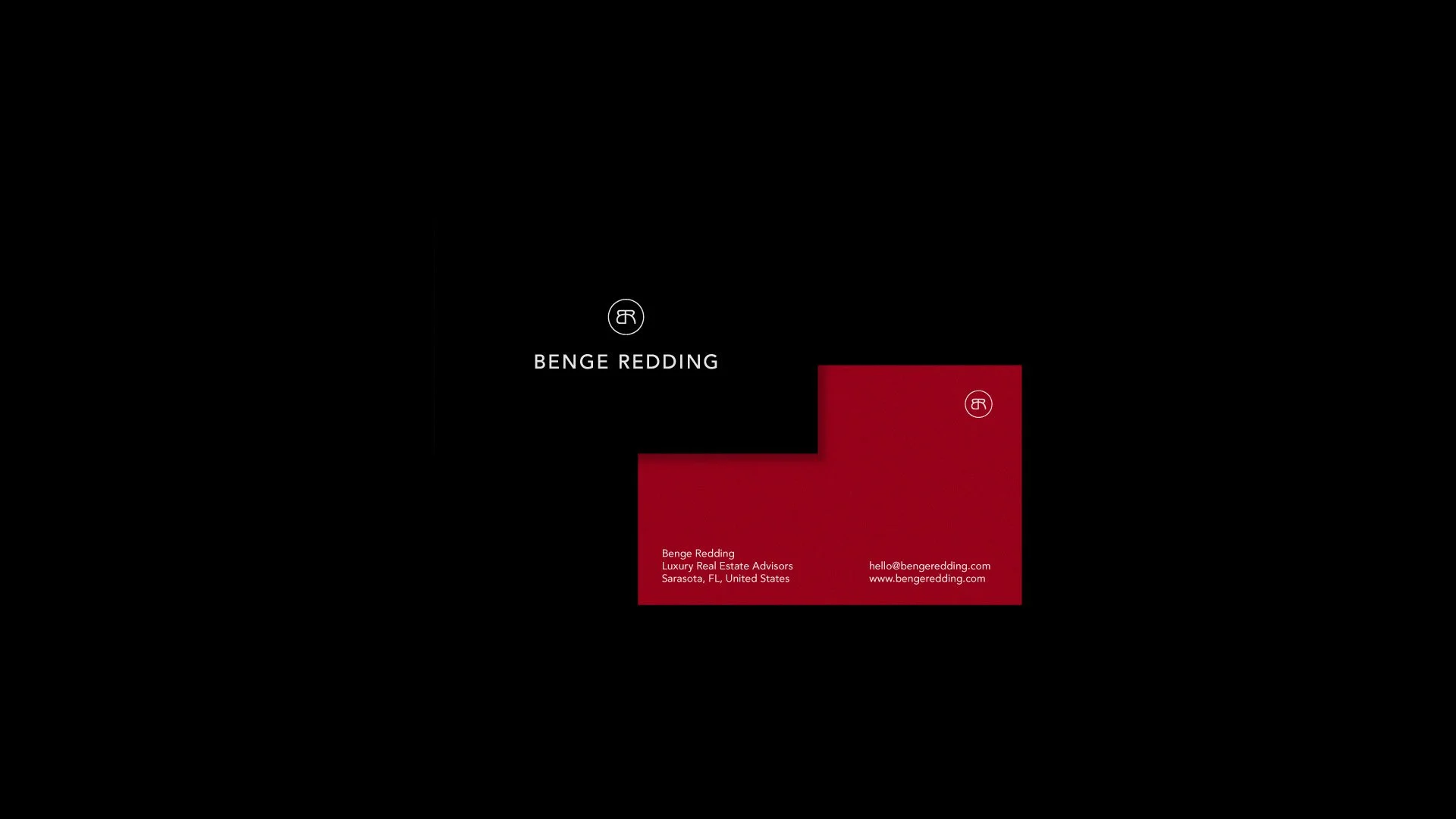 pair of designed business cards for benge redding on a black background