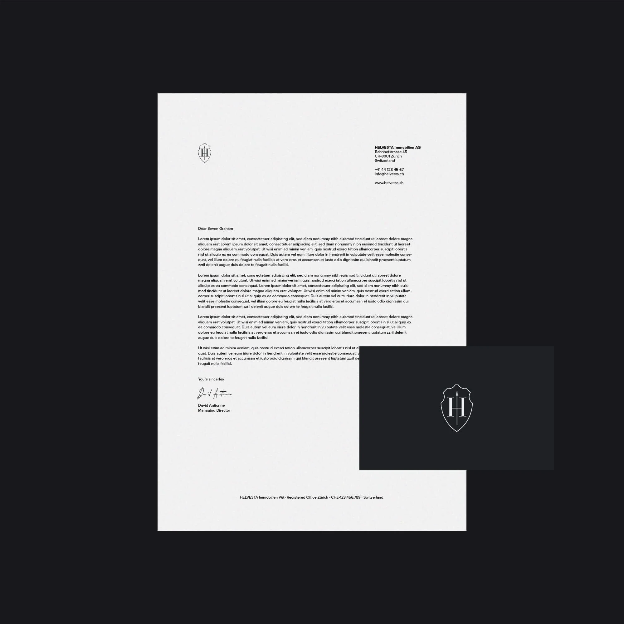letterhead and business card design for property investment brand helvesta