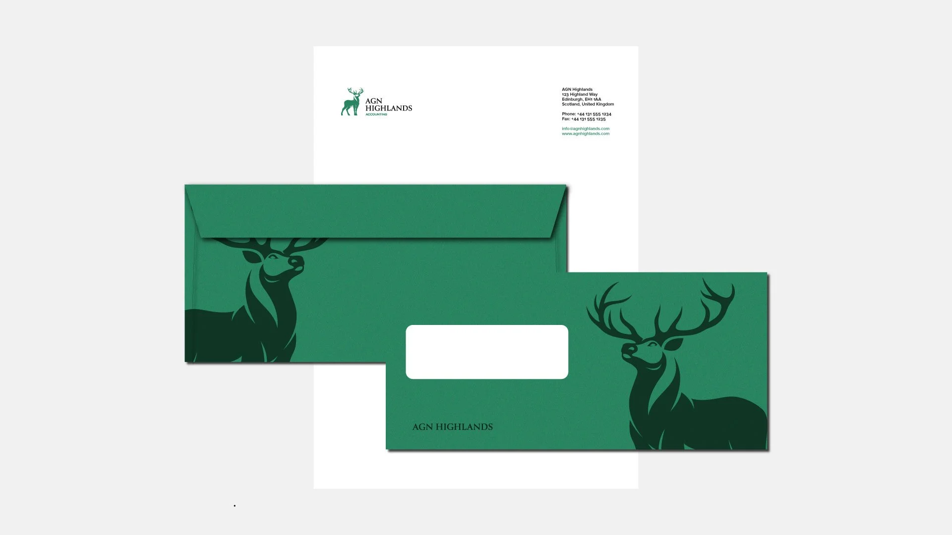 agn highlands mockup featuring an envelope showing both sides and a letterhead