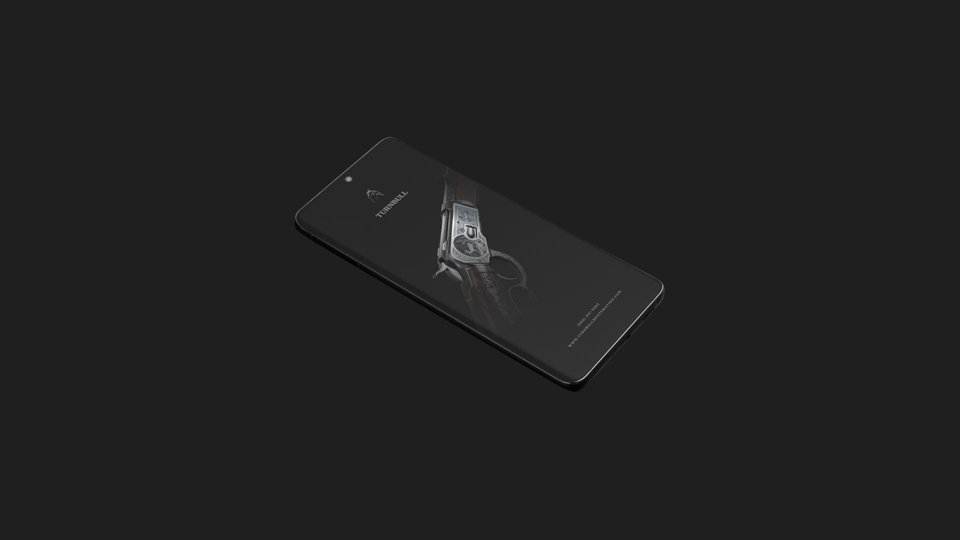 A black smartphone lying on a dark surface with a website featuring a silver and black revolver and the text 'Turn Bull' on the screen.