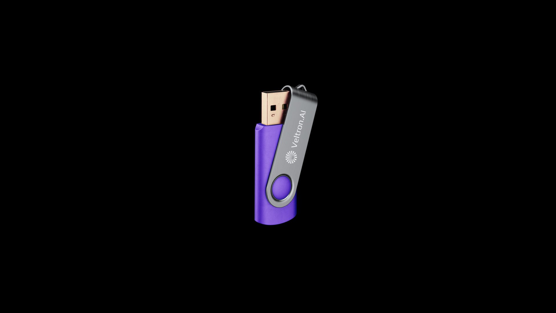 A USB security token labeled 'Veltron AI' with a purple body and a metallic swivel cover, presented against a black background.