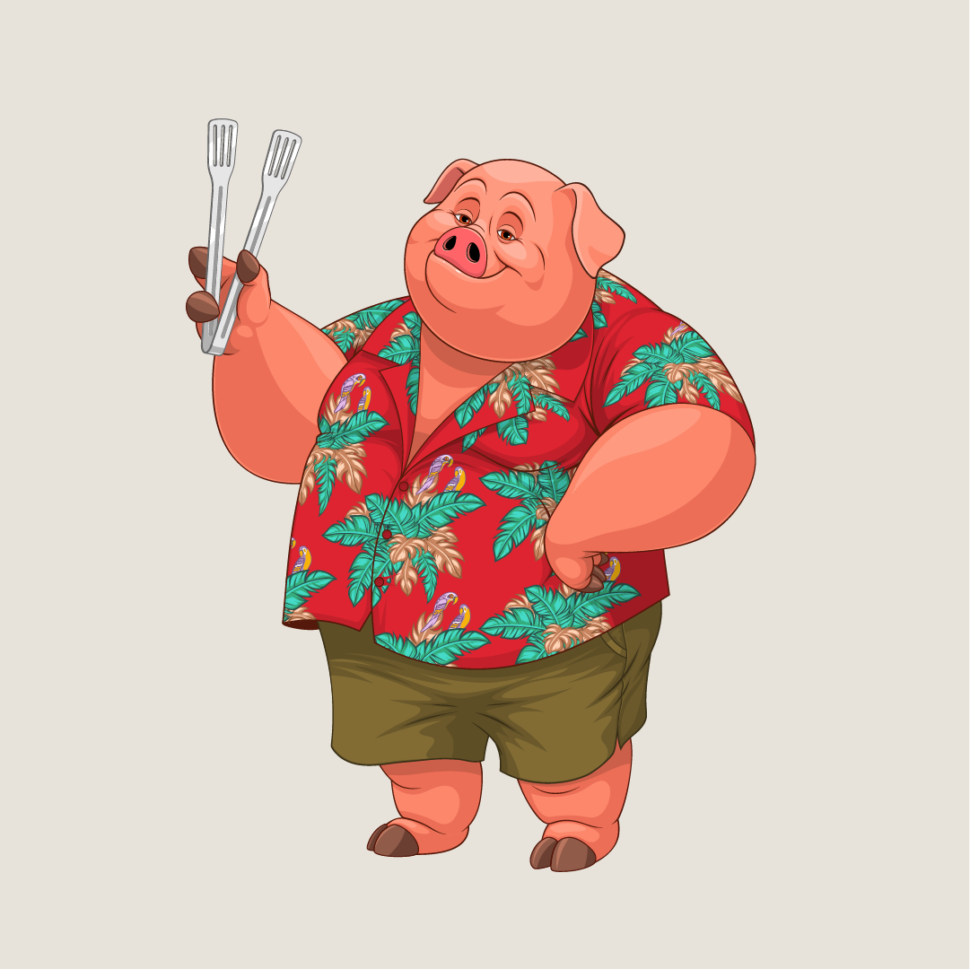 Custom pig mascot illustration created for food, grill, barbecue, or hospitality branding.