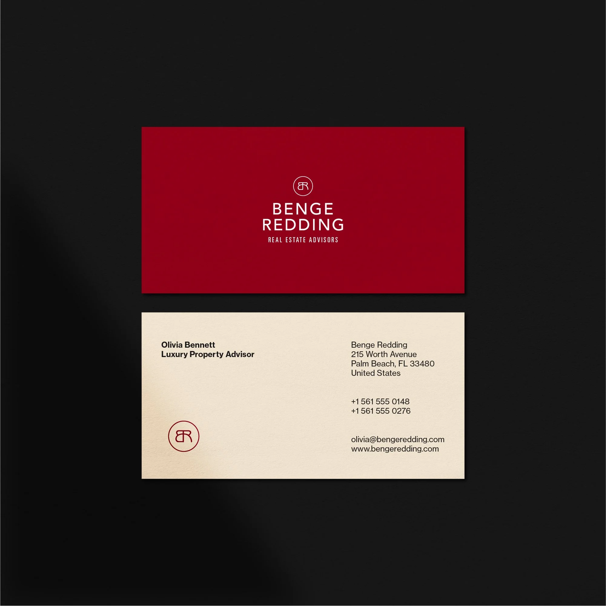 Benge Redding business card design featuring the BR monogram, wordmark and premium black and red brand palette.