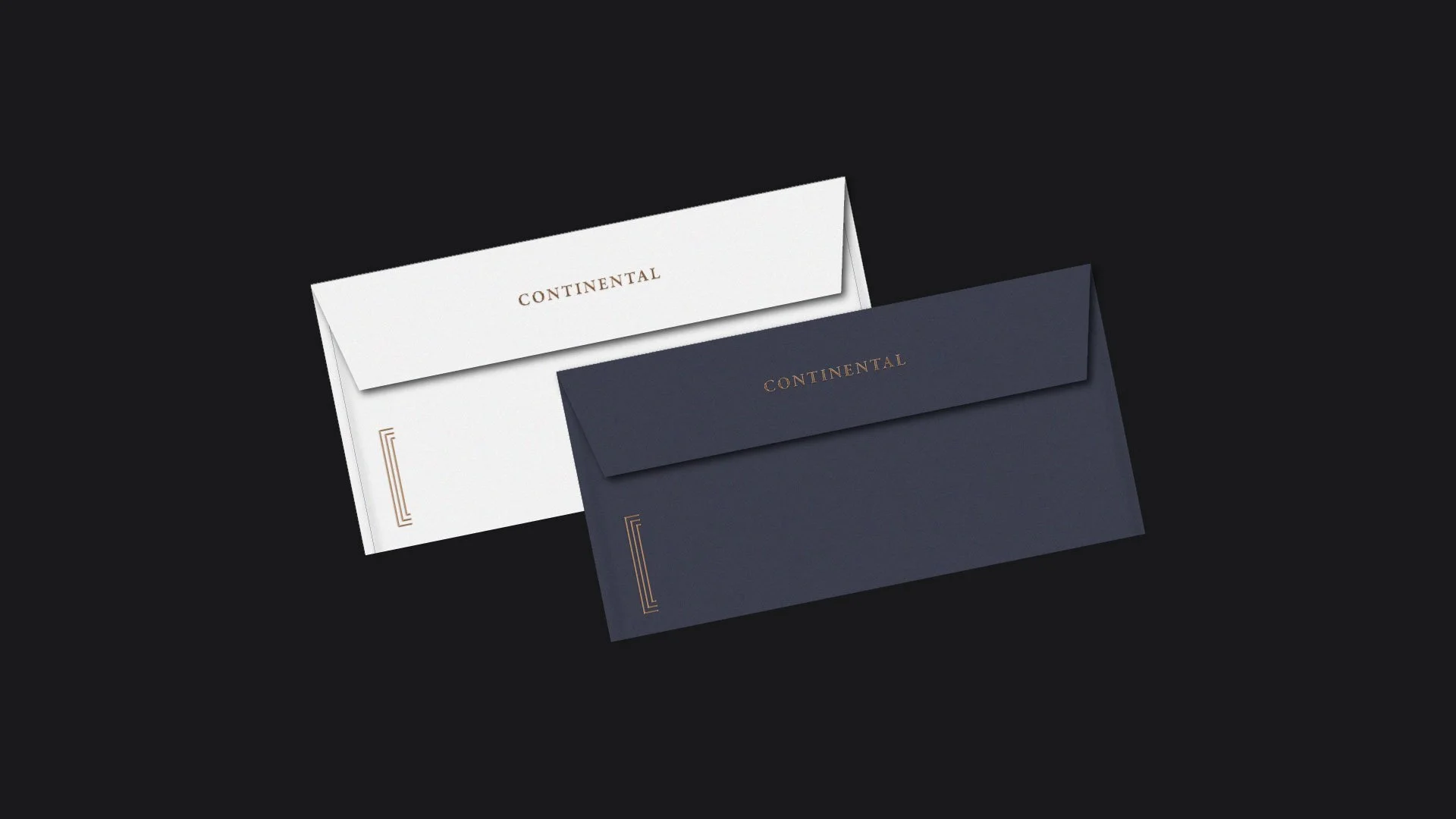Two navy blue and white envelopes with gold accents, both displaying the word 'CONTINENTAL' on the flap, set against a black background.
