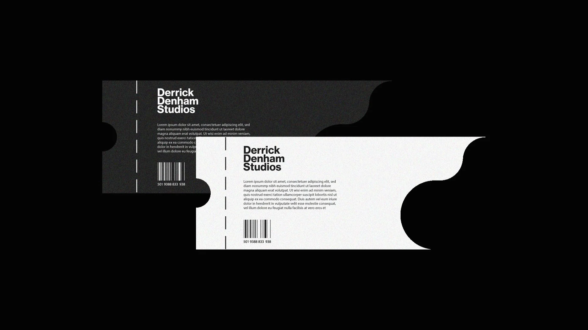 Two event tickets for Derrick Denham Studios, one black and one white, with barcode and placeholder text, placed against a black background.