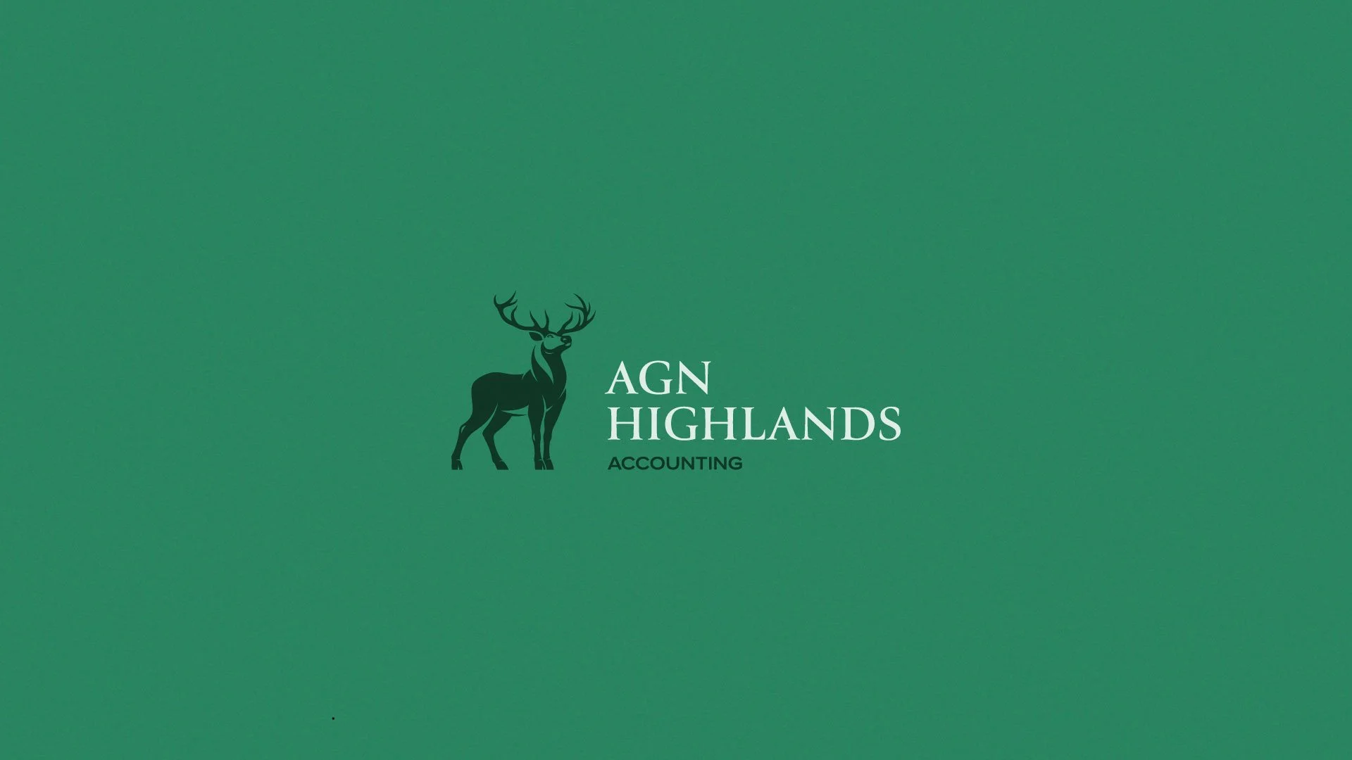 A green background features a black silhouette of a deer with antlers. To the right, white text reads 'AGN HIGHLANDS' and smaller black text underneath says 'ACCOUNTING'.