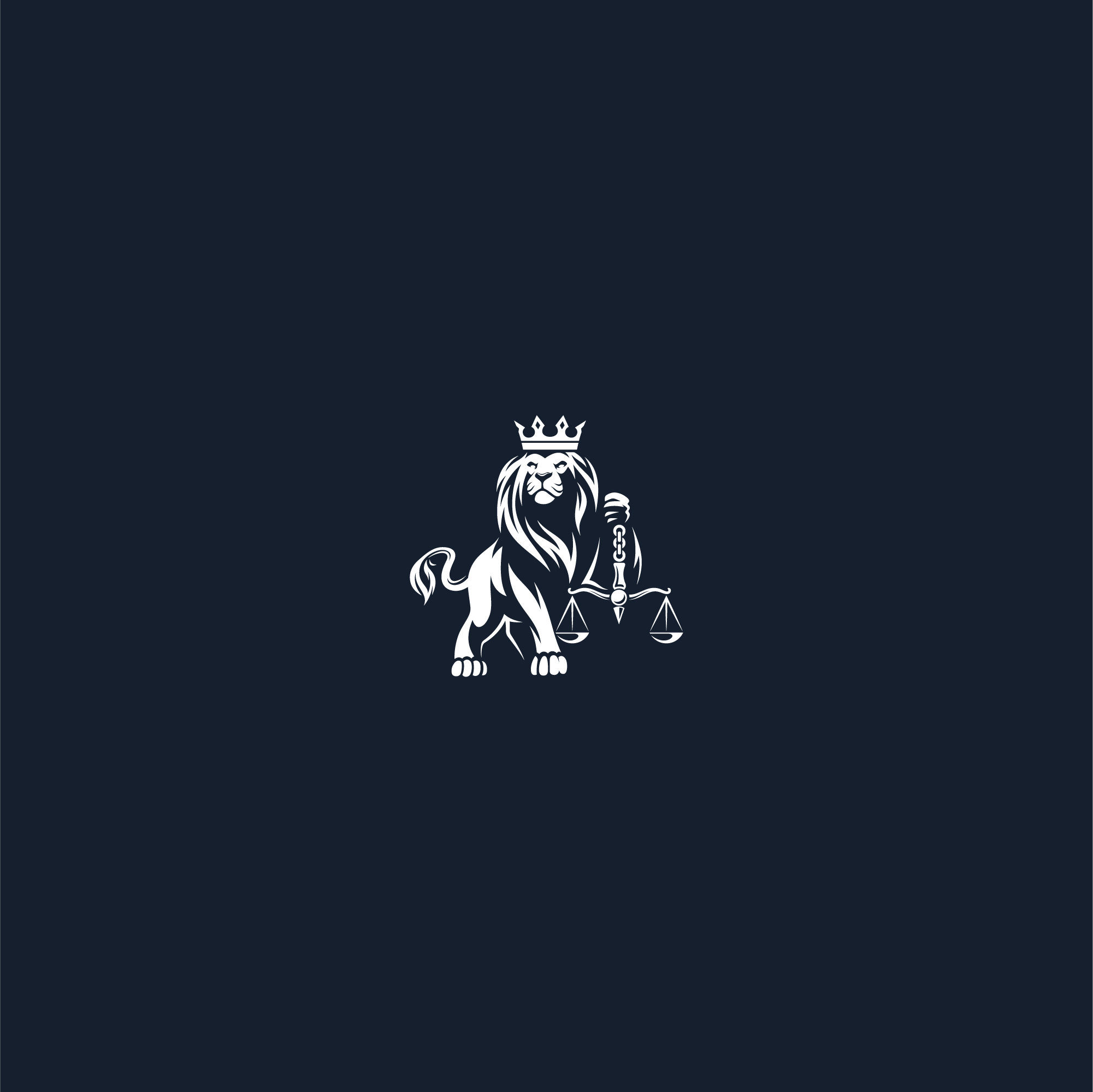 A white lion logo with a crown holding scales of justice on a dark background.